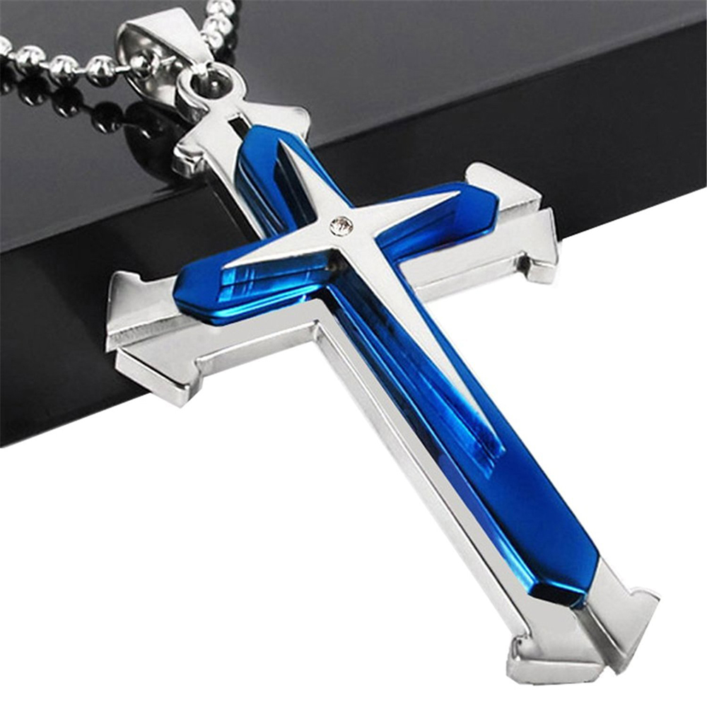 Brave Tour Men Titanium Steel Cross Necklace Blue-Z